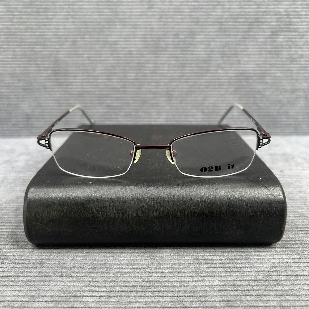 O2B it 9003 Burgundy Semi Rimless Rectangular Y2k Eyeglass Frames on Rhinestone